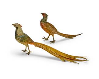 36
Franz Xavier Bergmann (1861-1936)
A pair of Viennese cold-painted bronze figures of pheasants, early 20th century
Each marked with B in an urn; male figure impressed: GESCH. 5724; the other stamped: MADE IN AUSTRIA
2 pieces
Larger: 7" H x 18" W x 2.5" D
Estimate: $800 - $1,200