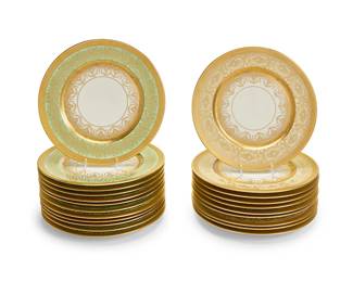 263
Two sets of Heinrich & Co. porcelain 'Edgerton' dinner plates
20th century
Each with green printed: H & Co. / Selb Bavaria / Heinrich & Co. / Edgerton; impressed: 6304
Each with elaborate gilt decoration, comprising ten with pale yellow borders and twelve with pale green borders
22 pieces
Each: 10.875" Dia.
Estimate: $800 - $1,200