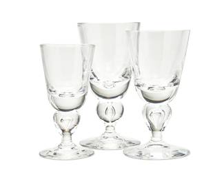 266
A Steuben clear glass stemware service
Late 20th/early 21st century
Each etched: Steuben
Each with bulbous stems with encased teardrops, comprising forty 6.75" wine glasses and five 5.625" wine glasses
45 pieces
Estimate: $1,000 - $1,500