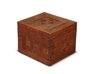 310
A Continental parquetry oak and pine document box
19th century
With hinged lid revealing an open interior with later moiré lining
14" H x 18.25" W x 16.5" D
Estimate: $200 - $300