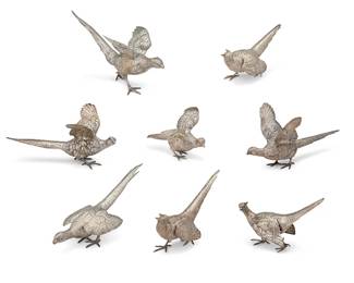 412
A group of Continental silver figures of pheasants
19th century/early 20th century
Six with English hallmarks for sterling and various makers; two with German hallmarks for .800
Comprising 2 German .800 figures and six English sterling silver figures
8 pieces
Largest: 9" H x 19" W x 8.5" D
Total silver weight: 241.4 oz. troy approximately
Estimate: $4,000 - $6,000