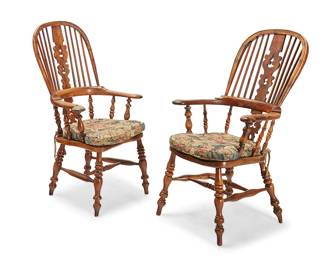133
A near-pair of English yew wood Windsor armchairs
19th century
Each with a hooped rail, eight spindles, and a pierced back splat, the arms extending from an arched lower back rail, raised on turned legs joined by stretchers
2 pieces
Each: 44" H x 25.25" W x 24" D
Estimate: $300 - $500