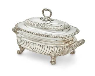 26
An English Sheffield silver-plated tureen
18th century
With the mark of Matthew Boulton
Of oval form, with gadrooning and shell decoration, the cover bearing an engraved armorial
10" H x 16.5" W x 10" D
Estimate: $500 - $700