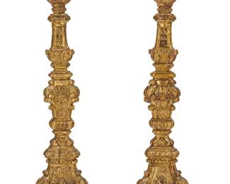 70
A pair of Spanish Colonial gilt and carved wood altar sticks
19th century
Each of three-sided form, the front side is gilt
2 pieces
Each: 27.25" H x 6.25" Dia.
Estimate: $400 - $600