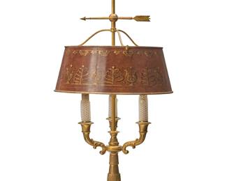 302
An Empire-style gilt-bronze bouillotte lamp
Mid-20th century
The three-light lamp with loop handle above cylindrical stem supporting a tole shade painted with acanthus motifs over a leaf tip-cast support issuing three scrolling cornucopia arms all above a dished base, electrified
Overall: 31" H x 16" Dia.
Estimate: $200 - $300