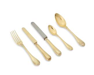 401
A French gilt .950 silver flatware service
Circa 1884-1910
Each marked for maker Henri Soufflot and with Minerva purity mark; some further marked: Bosson
Comprising 15 dinner forks, 17 knives with stainless steel blades, 22 knives with gilt silver blades
15 soup spoons, and 18 teaspoons, personalized
87 pieces
Largest: 8" L
Weighable sterling: 100.8 oz. troy approximately
Estimate: $2,000 - $4,000