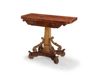 122
A William IV parcel-gilt mahogany games table
Early-mid 20th century, Benjamin Taylor; London
Paper label to interior inscribed B. TAYLOR, / FURNITURE WAREHOUSE / Great Dover-street, / BOROUGH
The folding mahogany top with a mottled green playing surface, mounted on a parcel-gilt pedestal base with scrolling brackets and feet
30" H x 36" W x 19" D
Estimate: $700 - $900