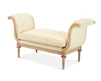 111
A Nancy Corzine upholstered painted wood 'Moliere' bench
20th century
With scrolled ends, upholstered in a cream fabric embroidered with vines and insects, with passementerie trim, raised on fluted legs
32" H x 62" W x 23" D
Estimate: $400 - $600