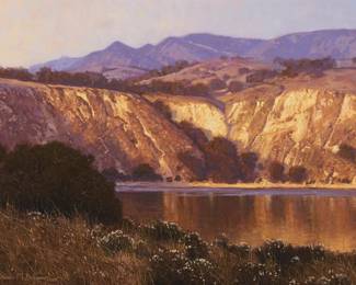 258
Dennis M. Doheny
(b. 1956)
"Chalk Cliffs, Lake Cachuma," 2005
Oil on canvas
Signed and dated lower left: Dennis M. Doheny 2005; titled on a label affixed to the canvas overlap
12" H x 16" W
Estimate: $4,000 - $6,000