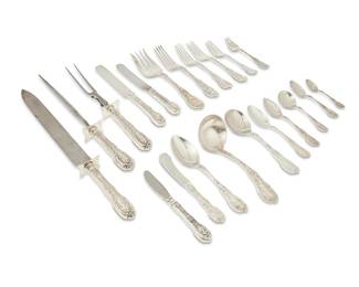 170
A Gorham sterling silver 'Mythologique' flatware service
20th century
Each marked for sterling and for Gorham Mfg. Co.
Comprising 24 dinner forks, 24 luncheon forks, 24 salad forks, 24 ice cream forks, 24 dessert forks, 24 dinner knives, 24 luncheon knives, 24 butter knives, 24 soup spoons, 24 round soup spoons, 24 bouillon spoons, 24 fruit spoons, 24 teaspoons, 39 five o'clock teaspoons, 24 demitasse spoons, 1 gravy ladle, 2 serving forks, 1 master butter knife, 1 carving fork, 1 carving knife, and 1 sharpening rod, personalized
382 pieces
Largest: 14.5" L
Weighable sterling: 466.6 oz. troy approximately
Estimate: $10,000 - $15,000