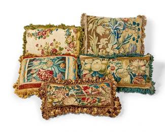 108
Five tapestry upholstered pillows
Tapestries 18th/19th century
Each with passementerie trim, depicting various floral or fruit motifs
5 pieces
Largest: 15" H x 19" W x 7" D; Smallest: 22" L
Estimate: $400 - $600
