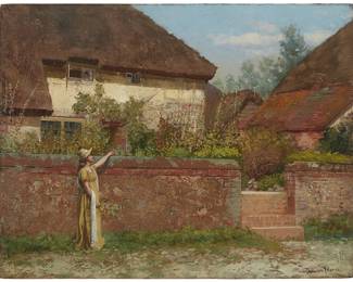 191
Theodore Wores
(1859-1939)
"Hollyhock garden"
Oil on panel
Signed lower right: Theodore Wores; titled by repute
14" H x 18" W
Estimate: $10,000 - $15,000