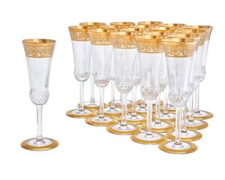368
A set of eighteen Saint-Louis glass 'Thistle' champagne flutes
20th century
Each with etched factory marks
18 pieces
Each: 7.75" H
Estimate: $2,000 - $3,000