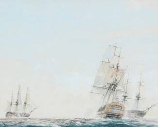98
Christopher Mayger
(1919-1994)
"Ships in Battle (Lysander)"
Watercolor and gouache on paper
Signed lower left: Chris Mayger; titled by repute
Sight: 15.25" H x 21.5" W
Estimate: $1,200 - $1,800