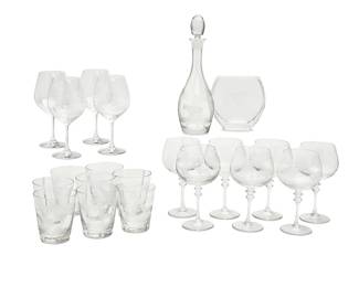280
A Queen Lace glassware service
20th century
Each etched in script: Queen Lace
Decorated with animals and birds from the American and African Wildlife series, comprising eight 4.75" double old fashioned glasses, seven 8.875" burgundy glasses, four 8.5" red wine glasses, one 13.5" decanter and stopper and a vase (6" H x 6.375" W x 2.5" D)
21 pieces
Estimate: $2,000 - $3,000