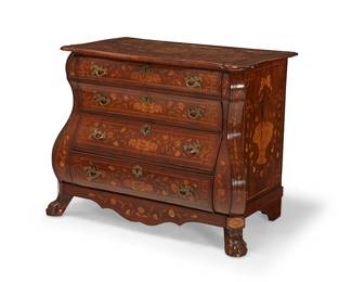 352
A Dutch marquetry bombé chest
19th century
The chest with four drawers, each interior with later moiré lining and exterior fronts decorated with floral vinery, the sides with floral baskets, raised on front paw feet and rear bracket feet
32.5" H x 44" W x 25" D
Estimate: $1,500 - $2,500