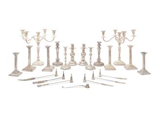7
A large group of silver-plated candelabra and candlesticks
Late 19th/20th century
Four candlesticks with impressed marks for William Hutton & Sons and numbered: 5836; one pair of candlesticks with mark of Martin Hall & Co.
Comprising a pair of Neoclassical-style five-light candelabra, a set of four Neoclassical-style columnar candlesticks, another pair of Neoclassical-style columnar candlesticks, one pair of Martin Hall & Co. candlesticks, another pair of English candlesticks, and a pair of Alpaca silver-plated candlesticks, together with a group of seven silver-plated candle snuffers including two with antler handles, three with mother-of-pearl handles, and two with silver-plated handles
21 pieces
Each candelabrum: 18.5" H x 19.5" Dia.; Candlesticks from 9.5" H to 12.75" H
Estimate: $500 - $800