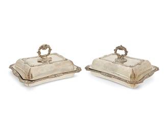 4
A pair of George IV sterling silver entrée dishes and covers
1823
Each marked for Sheffield, sterling, and with date mark; with indistinct maker's mark
Of rectangular form, with gadrooned edges with shell-form motifs, and four engraved armorials and crests on each cover
2 pieces
Each: 6" H x 12.25" W x 9.25" D
Total weight: 111.7 oz. troy approximately
Estimate: $2,000 - $3,000