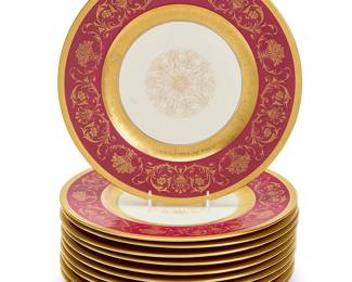 81
A set of eleven Bavarian porcelain dinner plates
20th century
Each stamped to underside: K & A / Krautheim / Selb Bavaria
Each with gilt and cranberry rim
11 pieces
Each: 10.875" Dia.
Estimate: $300 - $500