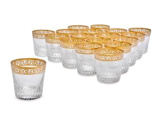 247
A set of eighteen Saint-Louis glass 'Thistle' old-fashioned glasses
20th century
Each with etched factory mark
One glass with slightly different variation of shape
18 pieces
Each: 3.5" H
Estimate: $2,000 - $3,000
