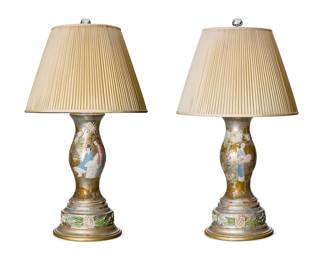 68
A pair of reverse-decorated glass lamps
20th century
Each baluster-form vase with Japanese-style decoration mounted as a single-light table lamp set on a polychrome-painted round wood base with floral motifs, surmounted by a pleated fabric shade, electrified
2 pieces
Each lamp without harp or shade: 23.75" H x 10.5" Dia.; Each shade: 12.75" H x 18.25" Dia.
Estimate: $200 - $300