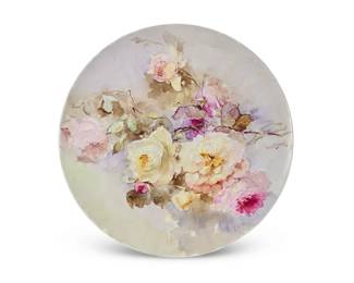 202
Franz A. Bischoff
(1864-1929)
Charger with roses
Oil on porcelain plate
Signed: Franz A. Bischoff; stamped verso: J.P. / L. France
0.375" H x 14" Dia.
Estimate: $3,000 - $5,000