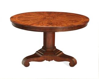 86
A late Regency inlaid rosewood breakfast table
Early-mid 19th century
The circular tilt-top with inlaid central floral medallion centering a conforming border, raised on a hexagonal standard and tripartite base terminating in scroll feet
30" H x 49" Dia.
Estimate: $700 - $900