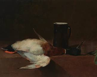 199
Emil Carlsen
(1853-1932)
Still life with game and radishes, 1892
Oil on canvas laid to canvas
Signed and dated lower left: Emil Carlsen 92
20.5" H x 30" W
Estimate: $5,000 - $7,000