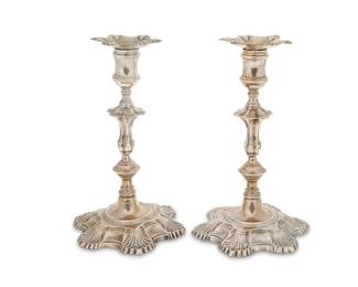 20
A pair of George II sterling silver candlesticks
1757
Each marked for sterling, for London, and date marked; with indistinct maker's mark possibly reading: WC
2 pieces
Each: 8.5" H x 5.5" Dia.
33.1 oz. troy approximately
Estimate: $2,000 - $4,000