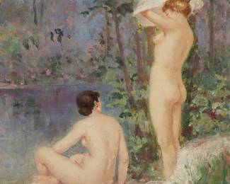 196
William Franklin Jackson
(1850-1936)
"The Bathers"
Oil on canvas laid to board
Signed lower right: W.F. Jackson; titled on a gallery label affixed to the frame's verso
12.75" H x 9.25" W
Estimate: $1,500 - $2,500
