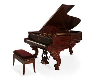 249
A Steinway & Sons mahogany model 'C' grand piano
Circa 1893, serial number C 79591
Inscribed above the keyboard: Steinway & Sons Patent Grand. New York. London Hamburg; the harp with serial number
The 88-key piano housed in a mahogany case with three elaborately scrolled legs, together with an adjustable bench with burgundy velvet upholstery
2 pieces
Piano: 40" H x 59.5" W x 91" D; Bench: 20" H; 36" L; 14.5" D
Estimate: $7,000 - $9,000