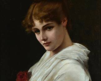 198
Alfred Seifert
(1850-1901)
Portrait of a beauty in white with roses
Oil on a cradled board
Signed lower right: A. Seifert
16" H x 12" W
Estimate: $800 - $1,200