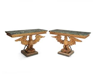 241
A pair of George II-style carved giltwood eagle console tables
Early/mid-19th century
Each associated green marble top above a Vitruvian scroll frieze supported on the wings and head of an eagle, raised on a faux green marble plinth base
2 pieces
Each: 34.5" H x 55" W x 24.5" D
Estimate: $8,000 - $12,000