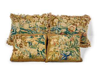 103
Two pairs of tapestry upholstered pillows
Tapestries 18th century
Each with passementerie trim and depicting floral motifs
4 pieces
Larger pair: 16.5" H x 22" W x 7" D; Smaller pair: 15.5" H x 18" W x 7" D
Estimate: $400 - $600