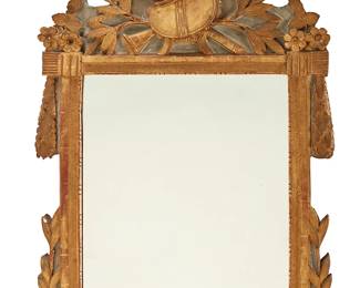 92
A Louis XVI grey-painted and carved giltwood mirror
Late 18th century
Labeled verso: Estcourt / Antiquaire / Le Touquet, France
The frame with ribbon, laurel and musical instruments on the pediment
Overall: 35.5" H x 24" W x 3" D
Estimate: $1,000 - $1,500