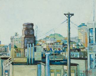 374
Edward Owens
(20th Century)
"High Fog Over San Francisco," 1926
Oil on canvas
Signed and dated lower right: Edward / Owens / 1926; signed again and titled in pencil, possibly in another hand, on a fragment of old brown paper affixed verso
14" H x 18" W
Estimate: $700 - $900