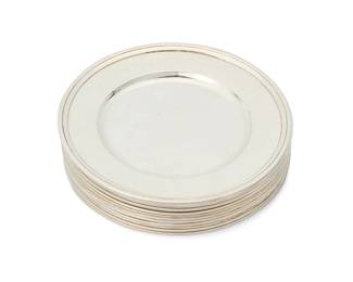 1
A set of twelve Tiffany & Co. sterling silver bread plates
Early/mid-20th century; Directorship of John C. Moore (1907-1947)
Each marked: Tiffany & Co. / Makers / Sterling Silver / 925-1000 / M; numbered: 20198 / 6851
12 pieces
Each: 6.125" Dia.
64.8 oz. troy approximately
Estimate: $1,200 - $1,800