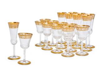 217
Two sets of Saint-Louis glass 'Thistle' stemware
20th century
Each with etched factory marks
Comprising eight 7" champagne flutes and ten 5.75" dessert wine glasses
18 pieces
Estimate: $2,000 - $3,000