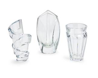 223
Three Baccarat glass vases
Late 20th/early 21st century
Each with Baccarat stencil mark; Giverny vase additionally marked: RRigot
Comprising a 'Nelly' vase (7" H x 4.5" Dia.), a 'Spirale' vase (8" H x 4.5" Dia.), and a 'Giverny' vase (9.25" H x 5.5" Dia.)
3 pieces
Estimate: $500 - $700