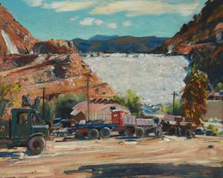 322
Alfred R. Mitchell
(1888-1972)
"Building the Dam" (El Capitan Reservoir), circa 1932-1934
Oil on board
Signed lower right: Alfred R Mitchell; signed again, titled, and numbered "203," all verso; dated on a gallery label affixed verso
16" H x 20" W
Estimate: $8,000 - $12,000