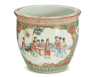 350
A Chinese Famille Rose porcelain jardinière
20th century
Unmarked
Depicting figural scenes within a floral motif ground
18.75" H x 21.5" Dia.
Estimate: $300 - $500