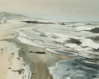 325
Milford Zornes
(1908-2008)
"Playa del Rey," 1964
Watercolor on paper
Signed and dated lower right: Zornes 64; titled by repute
Sight: 14" H x 20.5" W
Estimate: $800 - $1,200