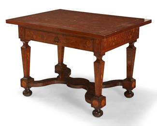 107
A Dutch floral marquetry table
19th century
The William and Mary-style form veneered with floral motifs, the rectangular top above a single frieze drawer, the interior with later moiré lining, raised on tapering square legs joined by a wavy X-form stretcher, on bun feet
30" H x 42.5" W x 36.5" D
Estimate: $1,500 - $2,000
