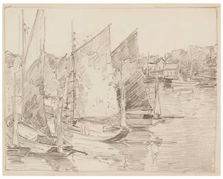 63
Edgar Alwin Payne
(1883-1947)
"Sailing Boats"
Pencil on paper
Appears unsigned; inscribed "1288" in pencil on the verso of the lower left edge; titled on a gallery label affixed to the frame's backing paper
Sheet: 8.5" H x 10.875" W
Estimate: $1,500 - $2,500
