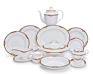 80
A Spode porcelain 'Harvard' part dinner service
Late 20th century
Each with various printed factory marks above pattern number Y8493 and name
Comprising twelve 10.625" dinner plates, twelve 9.25" salad plates, twelve 6.25" bread & butter plates, twelve 9.375" soup bowls, one oval 13.25" platter, one oval 9.5" serving bowl, one covered vegetable dish, a sauce boat and underplate, a covered tea pot, a covered sugar, a cream jug, and twelve demitasse cups with twelve saucers
80 pieces
Estimate: $1,200 - $1,500
