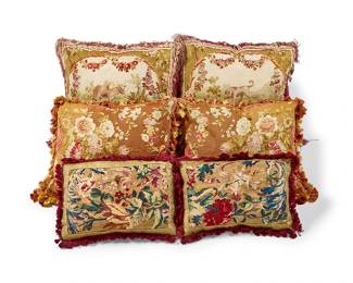 89
Three sets of tapestry upholstered pillows
Tapestries 18th/19th century
Each with passementerie trim, comprising one set with animal figures within a garland swap border, and two sets of floral patterns
6 pieces
Largest: 21" H x 123" W x 10.5" D; Smallest: 12" H x 18.5" W x 6.5" D
Estimate: $500 - $700