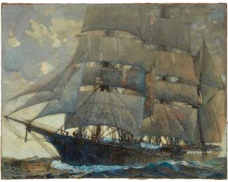 99
Henry Bayley Snell
(1858-1943)
"The Old Windjammer"
Oil on canvas laid to canvas
Signed lower right: Henry B. Snell; titled by repute
34" H x 44" W
Estimate: $4,000 - $6,000