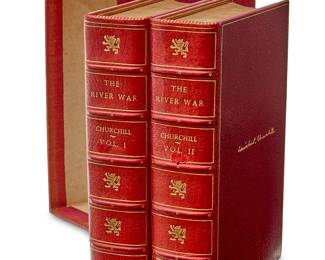 112
Winston Churchill (1874-1965)
"The River War," 1899
Hardcover books in 2 volumes
Churchill, Winston. "The River War: An Historical Account of the Reconquest of the Soudan." London, New York, and Bombay: Longman's, Green, and Co., 1899
First Edition, First Printing
Each large 8vo bound by Bayntun-Rivière of Bath in full red morocco leather, featuring gilt-stamped spine, board edges, and dentelles, with gilt page edges, raised bands, and marbled endpapers, housed in a red cloth slipcase
2 pieces
Each: 8.625" H x 6.25" W; Overall in slipcase: 9" H x 6.25" W x 4.25" D
Estimate: $1,000 - $1,500