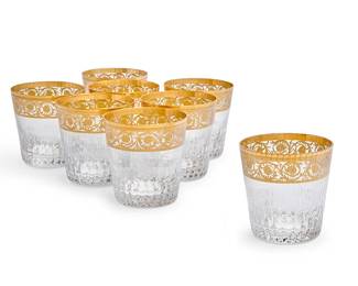 372
A set of eight Saint-Louis glass 'Thistle' double old-fashioned glasses
20th century
Each with etched factory marks
8 pieces
Each: 4" H
Estimate: $1,200 - $1,500