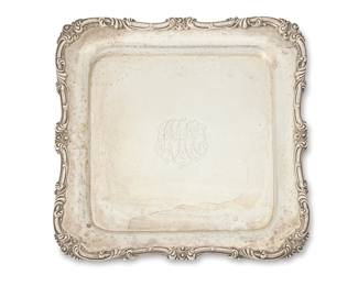 19
A Howard & Co. sterling silver square tray
1894; New York
Marked: Howard & Co. / Sterling / New York / 1894 / 172
With scroll decoration around the edge, personalized
0.5" H x 10" W x 10" D
24.2 oz. troy approximately
Estimate: $500 - $700